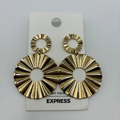 Express Gold Tone Circle Drop Earrings Textured Statement Geometric Dangle