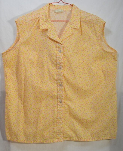 Vintage 1970s Orange & Yellow Floral XL 1X Button Up Shirt Blouse Top Sleeveless