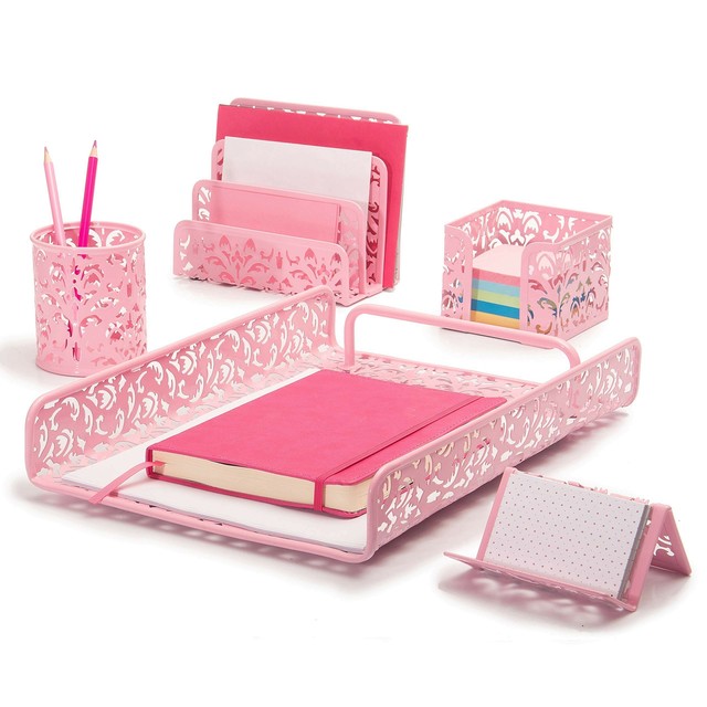 Pink Desk Organizer Set for Women in Damask Design W 5 Office Supplies