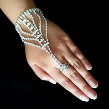 Bollywood Brautschmuck Handschmuck Ring Sklavenarmband Strass Hochzeit Silber