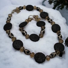 Donna Dressler Black and White Lava Rock  Beaded 925 Silver Necklace Bracelet 