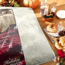 Holiday Things Yule Tidings Damask Ivory Tablecloth 60x144” Linens n Things NOS