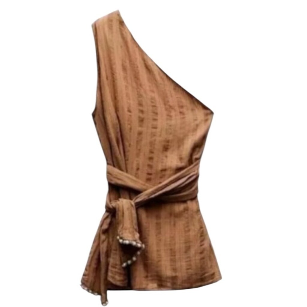 ZARA 100% Cotton One Shoulder Beaded Wrap Blouse Top Tank Brown