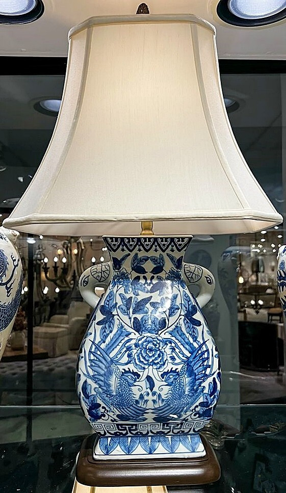 Blue, White Baluster Chinoiserie Lamp. Hand Painted. With Lampshade