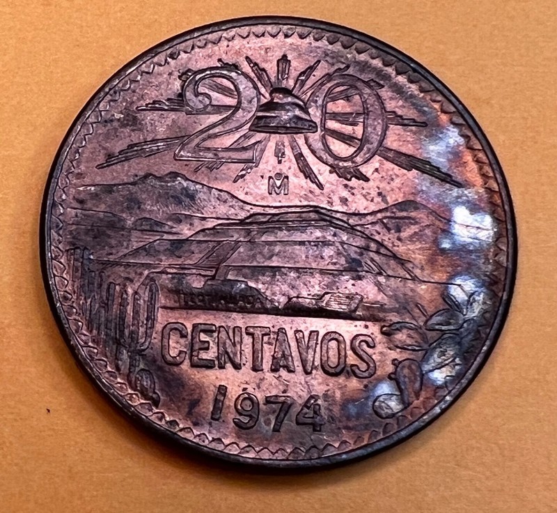 1974-MO MEXICO 20 CENTAVOS "CENTS" UNCIRCULATED TONED COIN IN HIGH GRADE