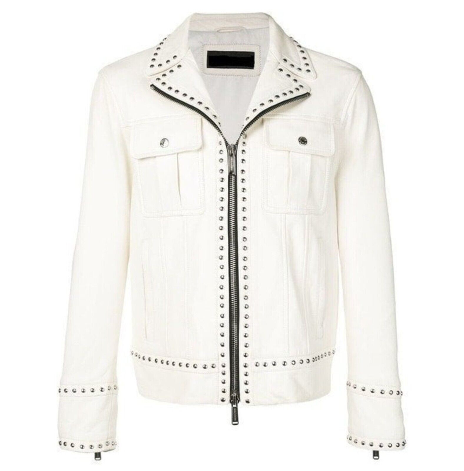 Men's White Studded Lambskin Biker Jacket Motorcycle Fashion Coat