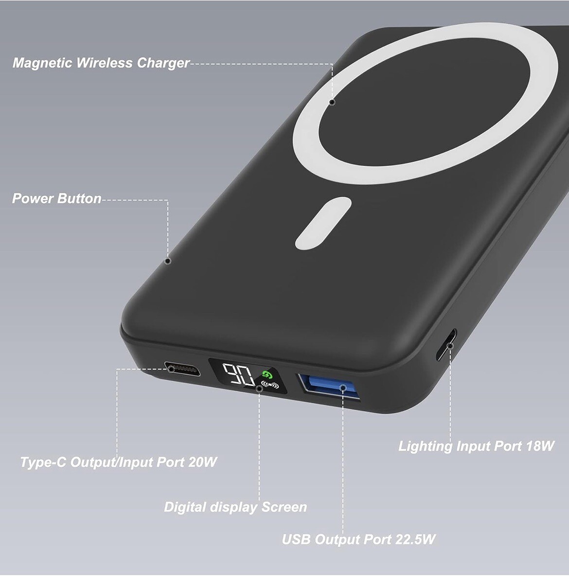 Power Bank 10000mAh AOGUERBE 15W Wireless Fast Charging