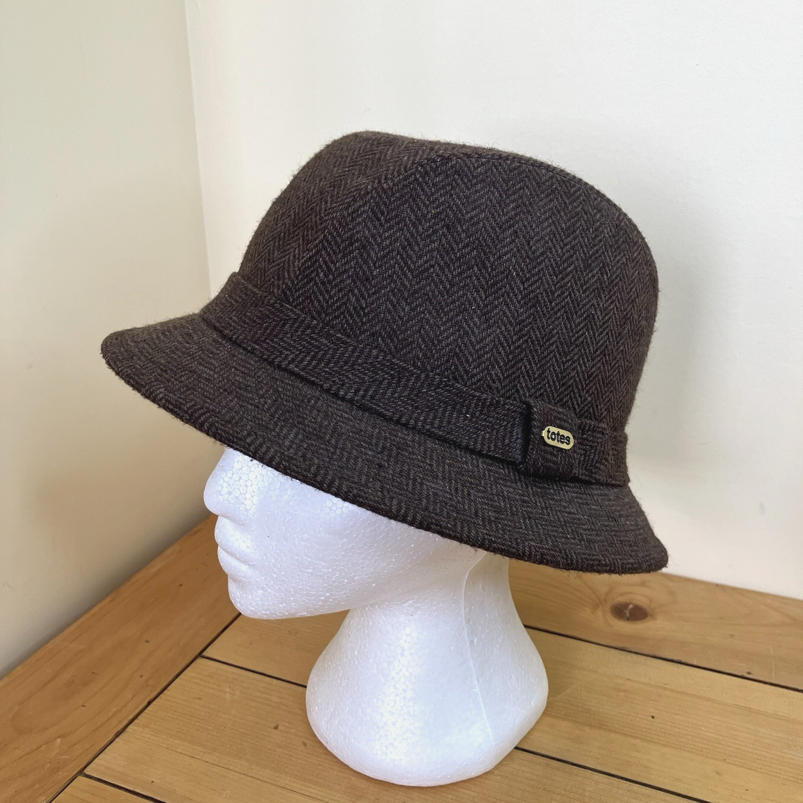 Brown Herringbone Tweed Fedora Hat in Wool Blend Size Large