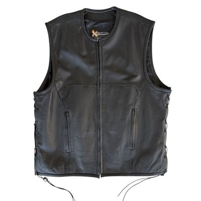 Xelement Leather Motorcycle Vest Mens Black 2XL Biker Riding Vest Zip Side Lace