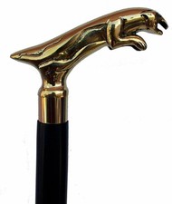 Vintage Solid Brass Jaguar Head Handle Wooden Black Walking Stick Handmade Item