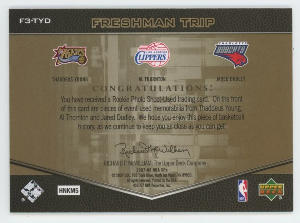 2007-08 SPx Freshman Orientation Triples Al Thornton/Thaddeus Young/Dudley - Image 2 of 2