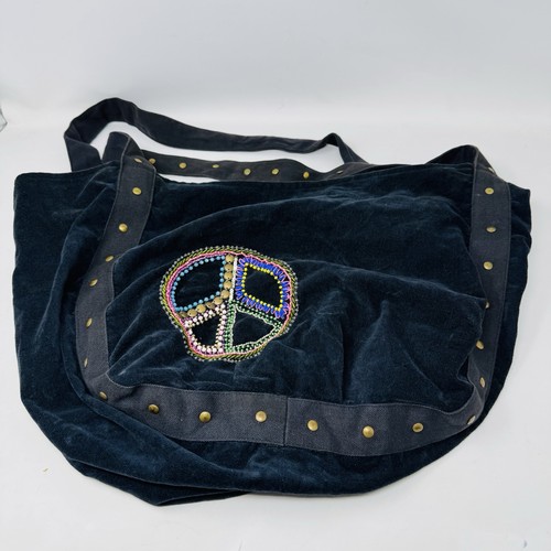 HIPPY PEACE Sign Bag Metallic Stud Black Velour Shoulder Bag Colorful Beads Boho - Picture 9 of 10