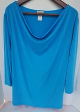 cdw Creative Design Works 90's Size 2X Sky Blue Cowl Neck Blouse 3/4 Sleeve Top