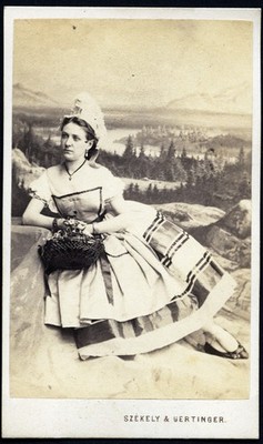 pretty woman w flowers, painting background, strange hat, Vienna, by SZÉKELY, co