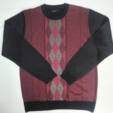 Vintage Men's Geometric Crewneck Sweater XL Red Black Diamond Pattern Dad Style
