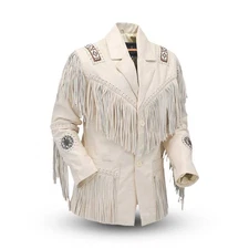 Western Cowhide Leather Jacket Mens Native American Beads & Fringe Cowboy Jacket