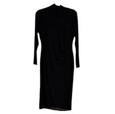 Nine West Black Mesh Ruched Sheath Long Sleeve Midi Dress High Neck Pullover 