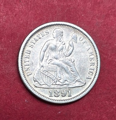 1891 Liberty Seated Dime, Double Die Obverse (Double Date). Almost Uncirculated.
