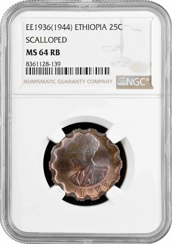 Ethiopia 25 santeem EE 1936 (1944), NGC MS64 RB, "Haile Selassie I (1944-1976)"