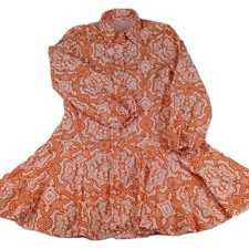 Graphic Puffed Long Sleeve Dress Pattern Button Up Mini Skater Whimsy Tangarine