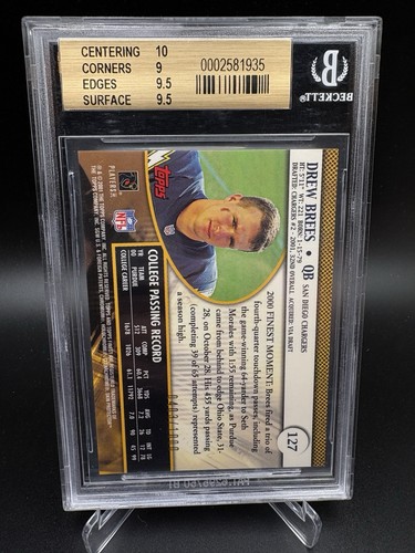 Drew Brees 2001 Topps Finest Rookie Card Chargers Saints Beckett 9.5 Grade HOF - Picture 2 of 2
