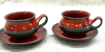 Henrik Ditlev Danmark  Cup and Saucer Set Orange Glaze Danish 1960s Set of Two