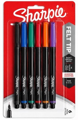 Sharpie Felt Tip Pens 6 Count Assorted Colors Fine Point 0.4mm New Sealed