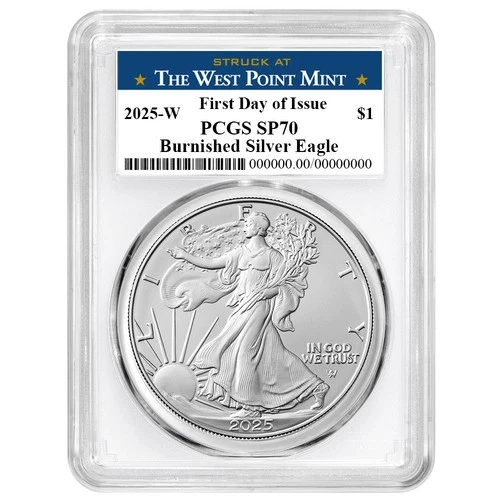 2025-W Burnished $1 American Silver Eagle PCGS SP70 FDOI West Point Label White