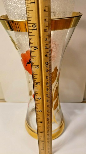 Vintage MCM Glass Vase, Red Flowers and Gold Band and Leaf Pattern 10'' - Picture 4 of 11