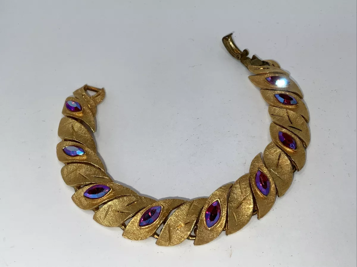 VIntage Kramer Brushed Gold Tone AB Red Marquee Rhinestones