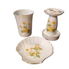 Yellow Flowers Bathroom Toothbrush Holder Tumbler Soap Dish Vtg Set Japan