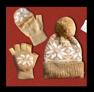 Knit Pom Pom Beanie HAT & GLOVE SET: Snowflake,Flip-Top Gloves,adult,Camel Brown
