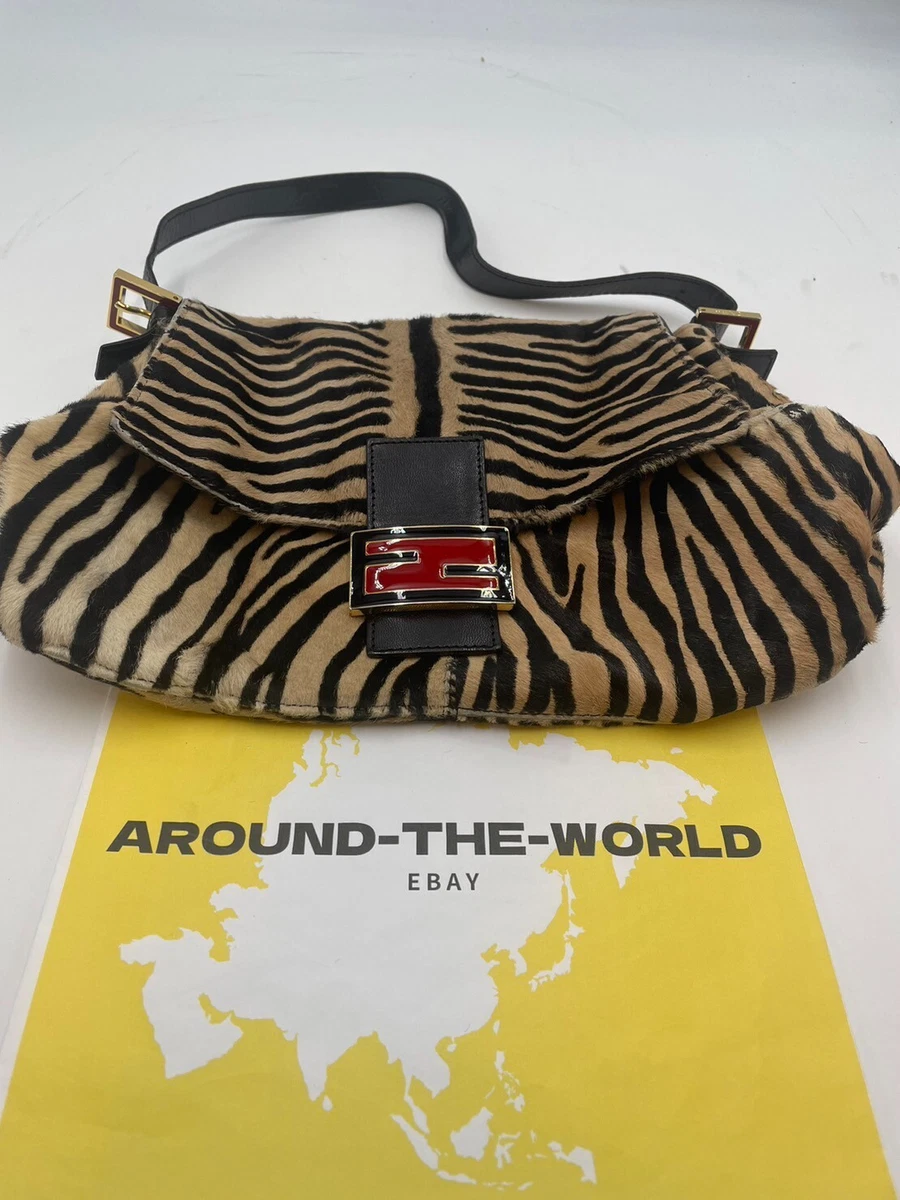 Auth FENDI Mamma Baguette Zebra Motif Shoulder Bag Unborn Calf Fur