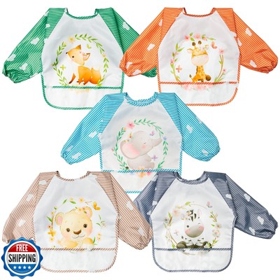 R HORSE 5Pcs Long Sleeved Bib for Babies, Toddlers Woodland Waterproof Infant