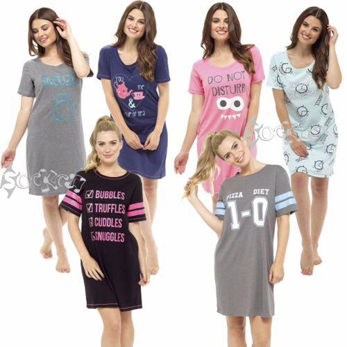 Ladies Short Sleeve Slogan Nightdress Cotton Jersey Nightie Fun Night