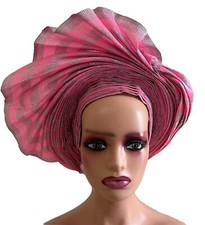 Pink Autogele Aso-Oke African Headtie Auto Gele, Yoruba Gele -NEW