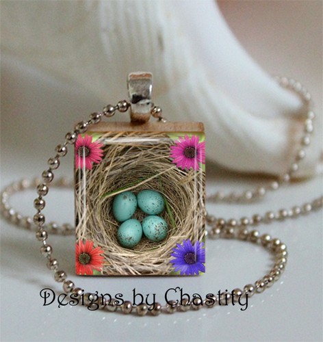 Robin Bird Nest Necklace Teal Eggs 
