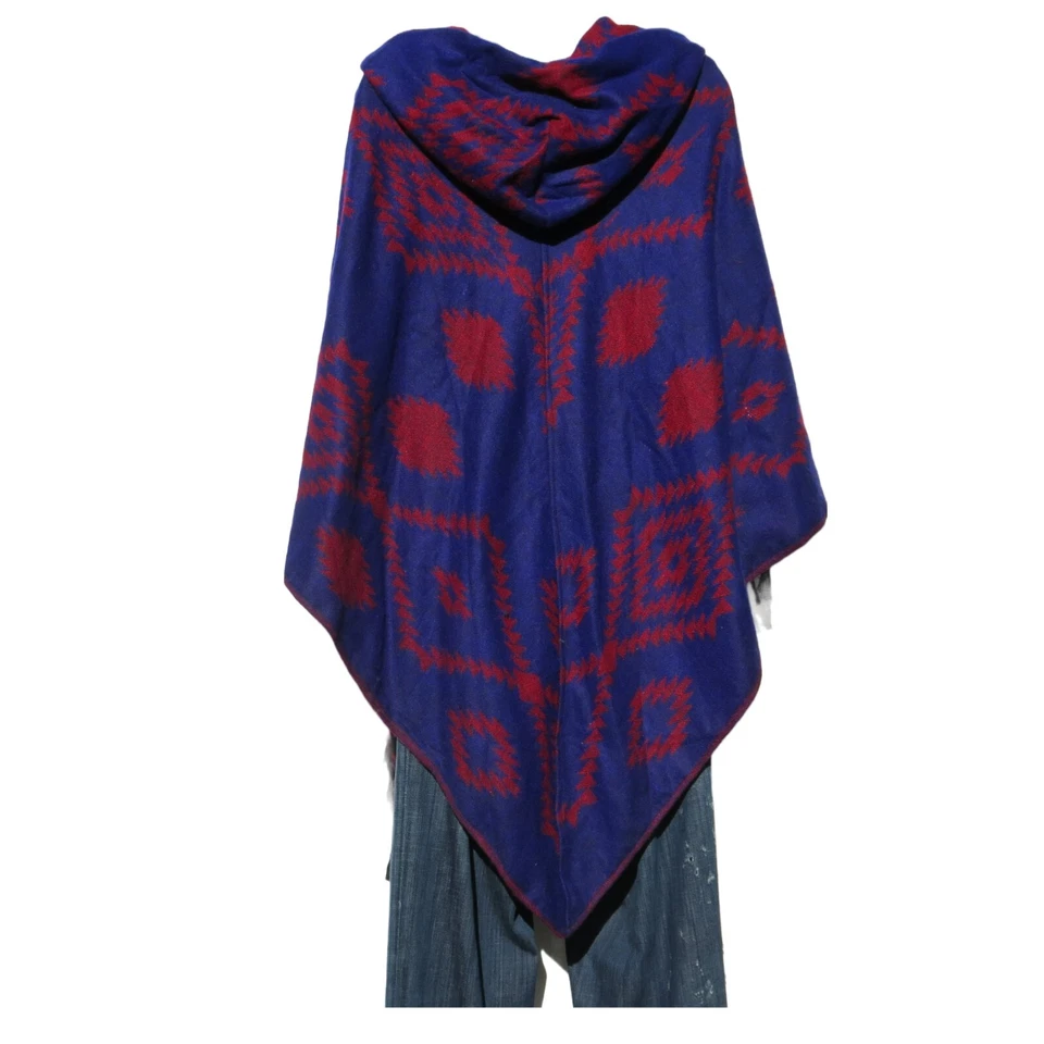 Poncho|2 Botones|Fringos|Capucha+Bolsillo|Boho|Tribal |Mezcla de Lana Yak|Talla 1|Azul Foto 2 de 4