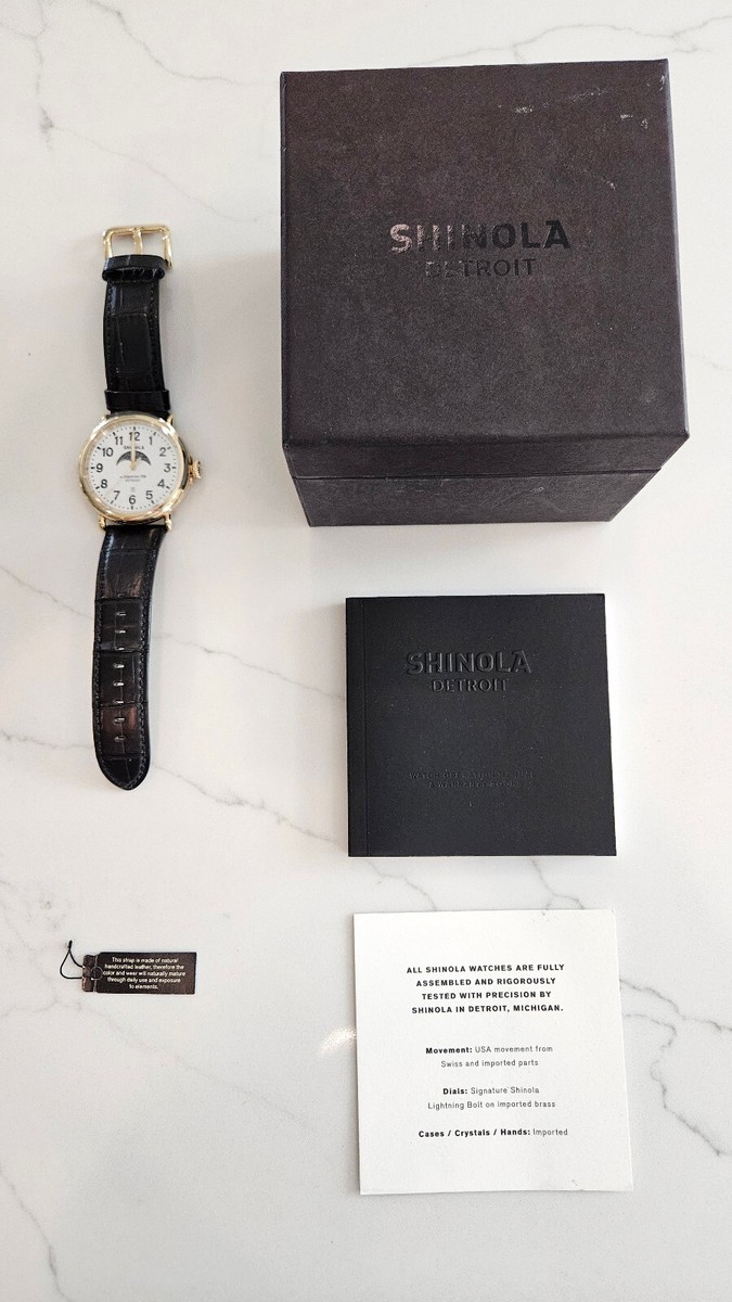 SHINOLA 11000180 Runwell Moon Phase Argonite 708 Black Alligator Band  COMPLETE