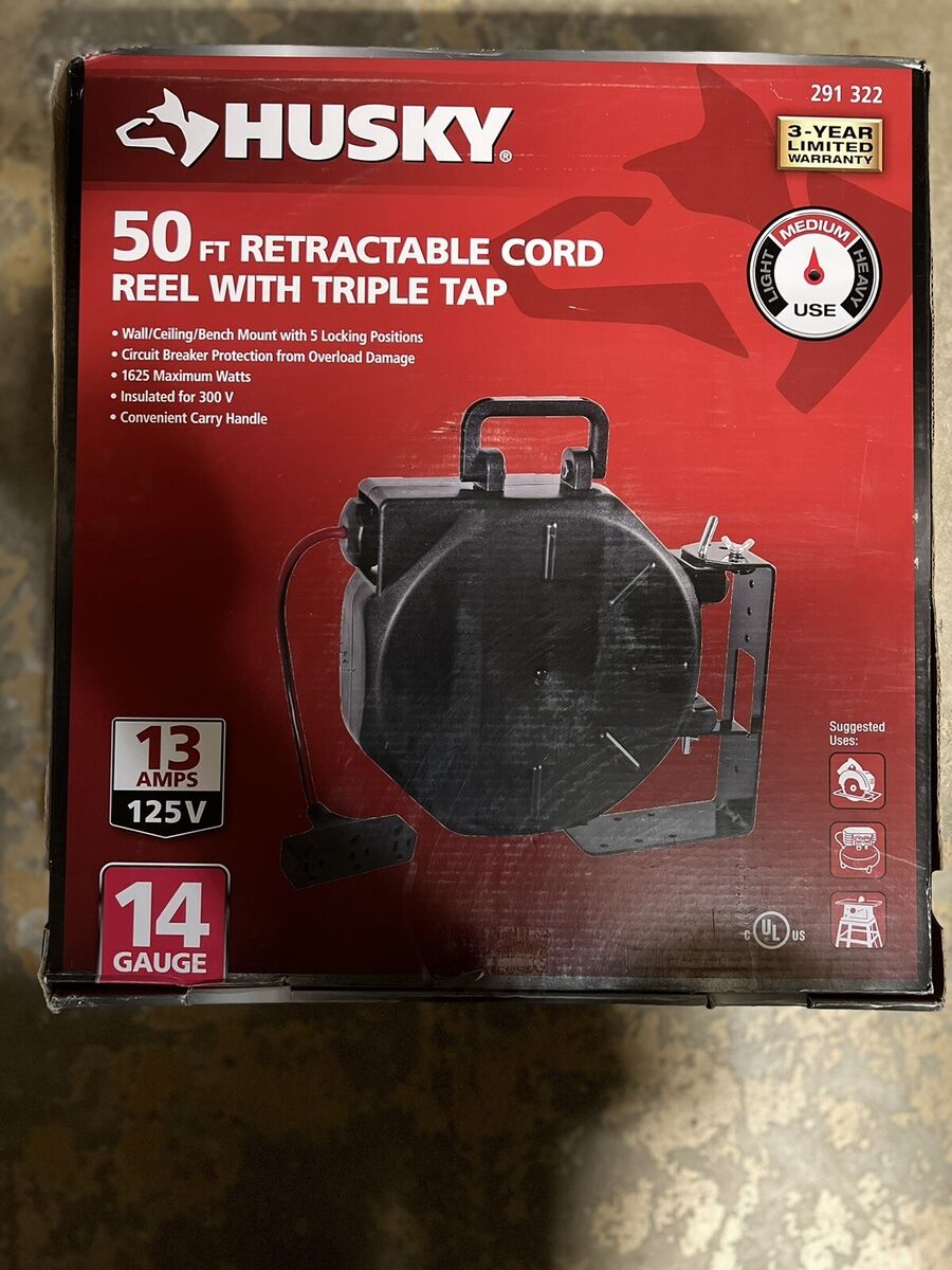 NEW Husky 50 ft Retractable Cord Reel With Triple Tap And Handle