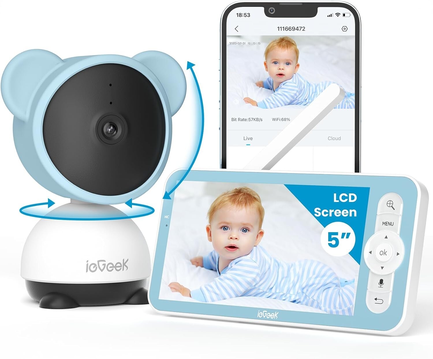 Baby Monitor w/ WiFi Smartphone control  via Screen and App Night Vision Video-image