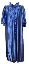 Vtg MISS ELAINE Women  s Long SATIN Ruffled Nightgown Robe House Coat ROYAL BLUE