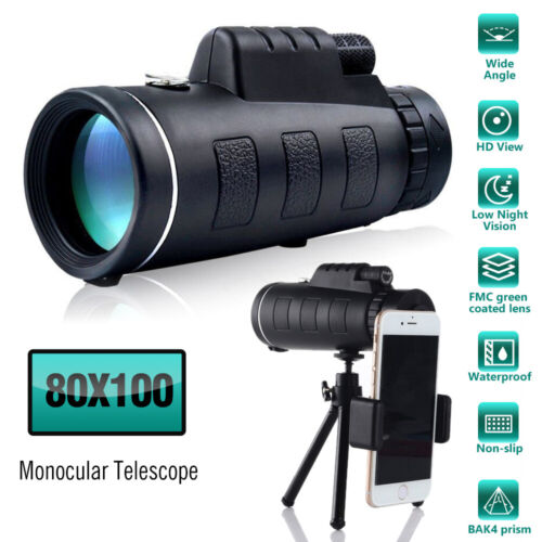 Télescope monoculaire Vision Jour/Nuit 80x100 Zoom HD BAK4 + trépied + clip - Photo 1 sur 14