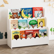 3-Tier Scalloped Bookshelf, Montessori Bookcase for Toddlers, Wooden Book Shelf