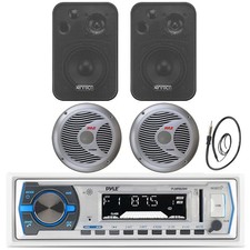 Pyle Bluetooth Radio, Black 4" Marine Box Speakers, Antenna, 6.5" Speakers