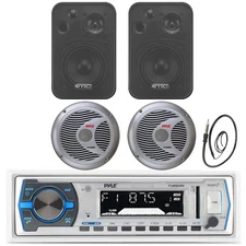 Pyle Bluetooth Radio, Black 4" Marine Box Speakers, Antenna, 6.5" Speakers