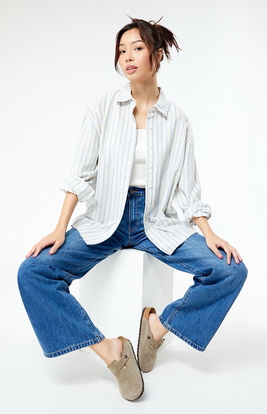 Rhythm Amore Blue & Beige Striped Oversized Shirt Size 8/S ~ NWT