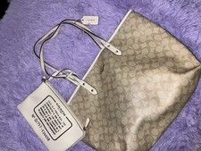 Coach F36658 Signature Canvas Reversible City Tote Chalk/ Khaki + Pouch