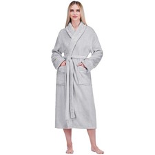 Soft Plush Fleece Robe, Light Grey Cozy Bathrobe, Female Long Spa Robe, Warm ...
