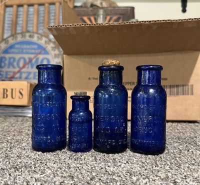 4 Antique Bromo Seltzer Emerson Drug Co Baltimore MD Cobalt Blue Bottles 1920s